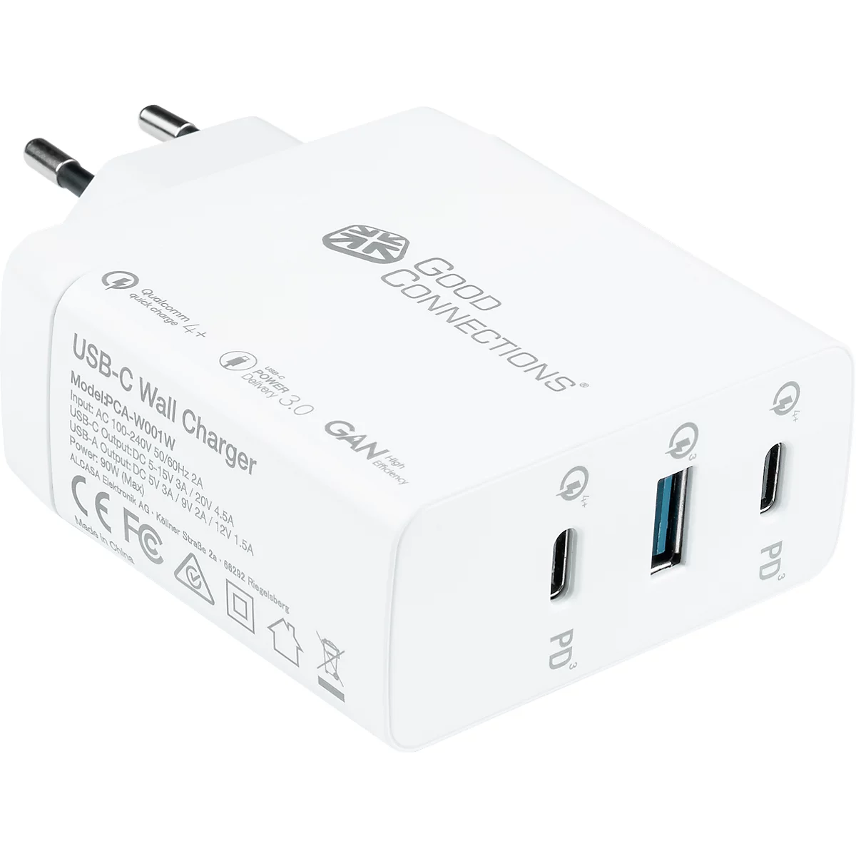USB-Schnellladegerät Good Connections, mit GaN-Technologie, 3er-Port mit 2 x USB-C + 1 x USB-A, Leistung 100 W, weiß