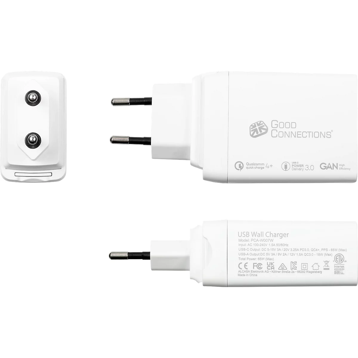 USB-Schnellladegerät Good Connections, mit GaN-Technologie, 3er-Port mit 2 x USB-C + 1 x USB-A, Leistung 65 W, weiß