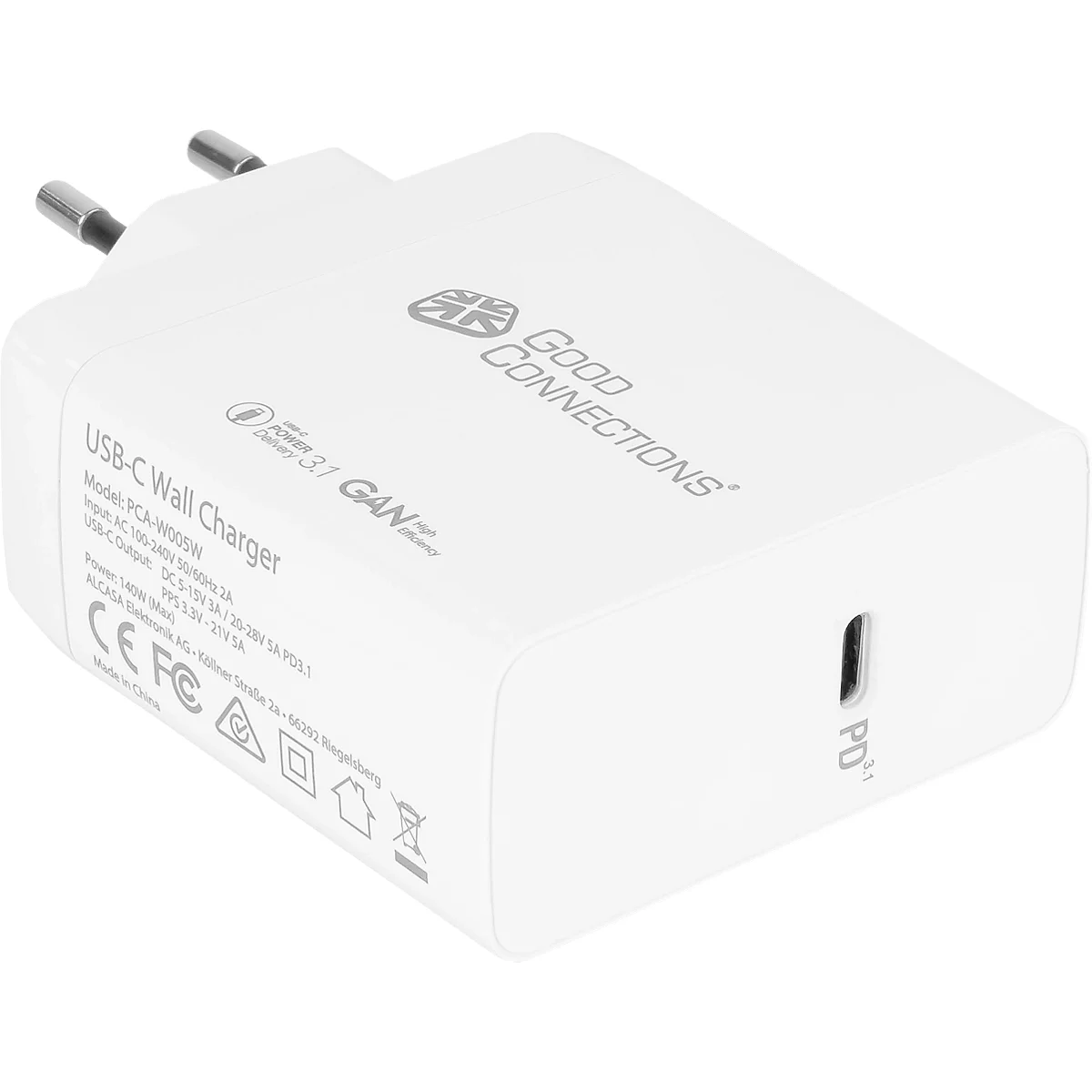 USB snellader Good Connections, met GaN-technologie, 1 poort met 1 x USB-C, vermogen 140 W, incl. laadkabel, wit