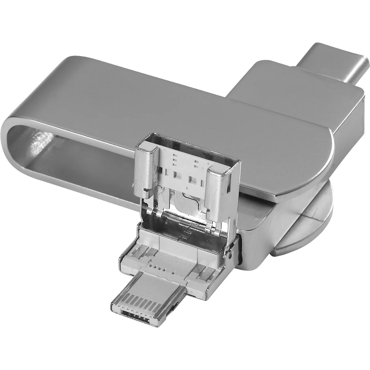 USB-Stick 3.0 4-in-1 OTG, USB-Typ-B, USB-Typ-C, Micro-USB und Lightning, Aluminium, silber, 128 GB