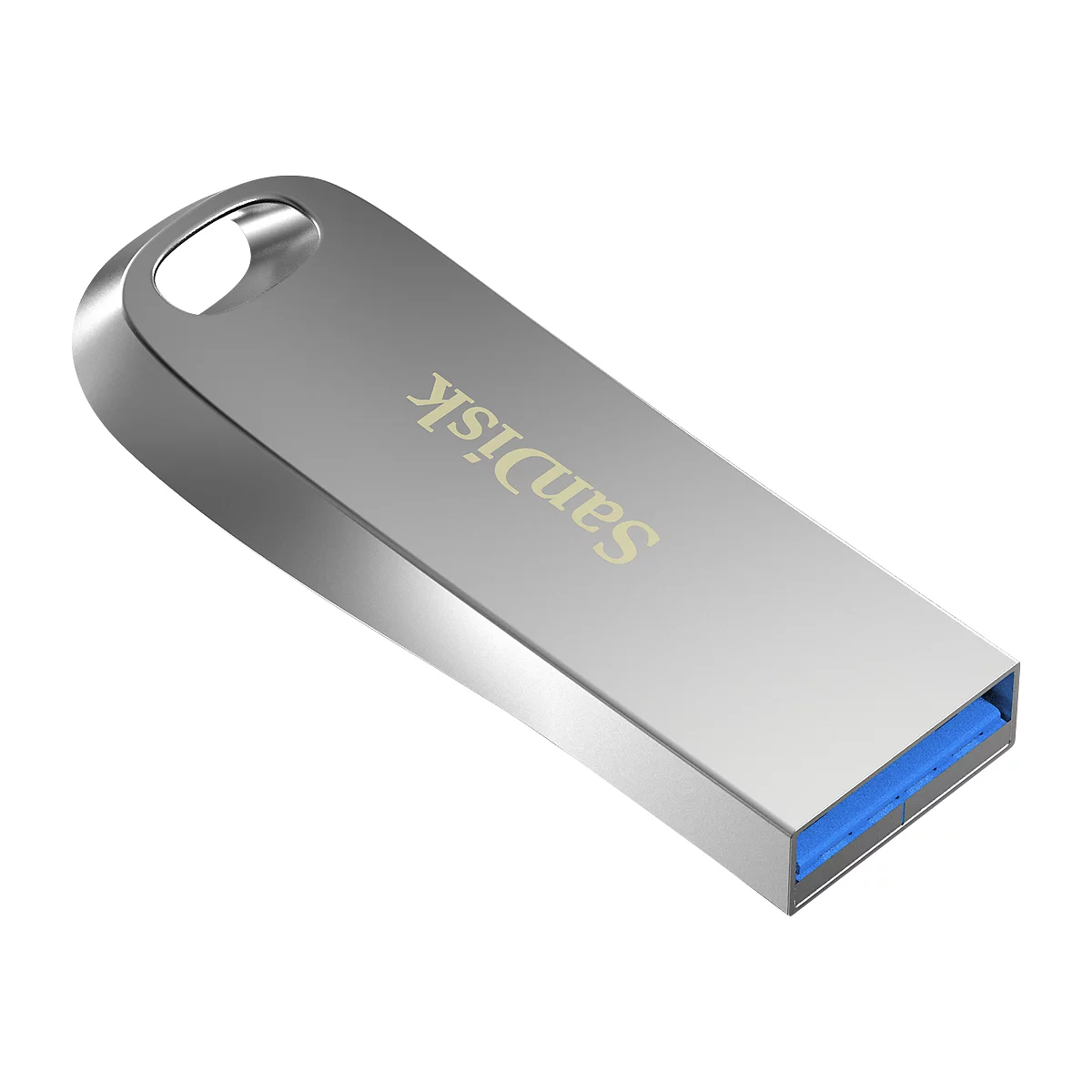 Silberner USB-Stick mit dem Schriftzug "SanDisk". Der Stecker ist blau.
