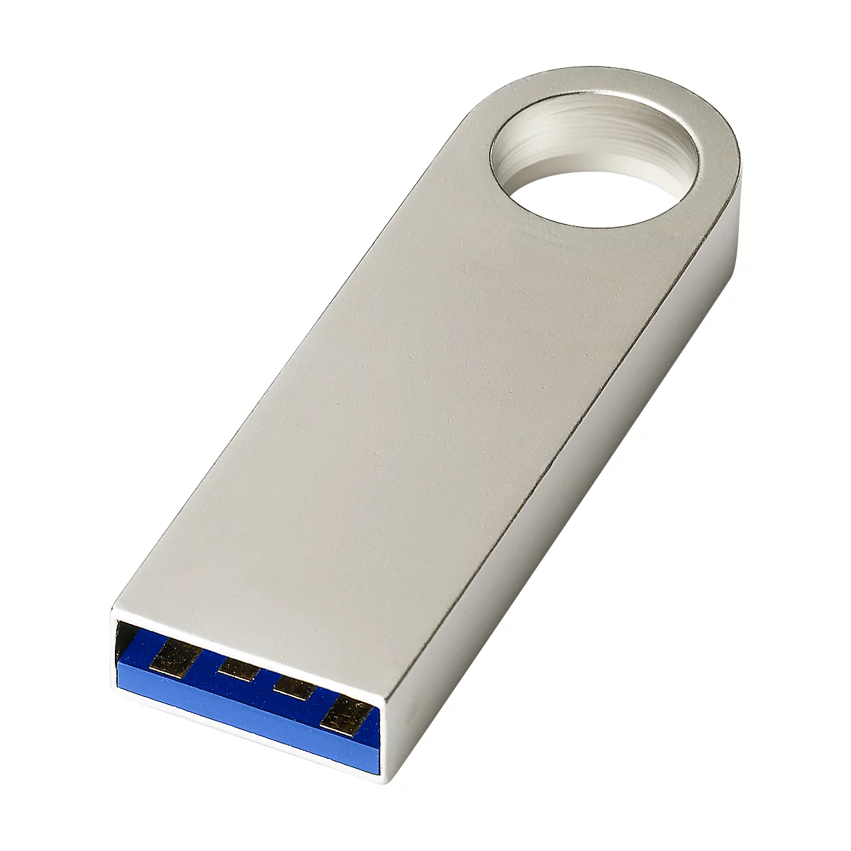 Ein silberner USB-Stick mit blauem Stecker und rundem Loch.