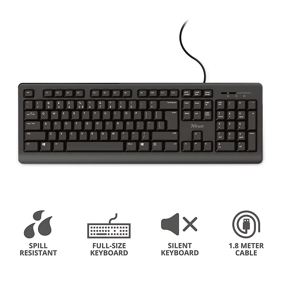 USB-toetsenbord Trust PRIMO, bedraad, QWERTY-toetsenbordindeling, USB 2.0, L 449 x B 148 x H 30 mm, zwart