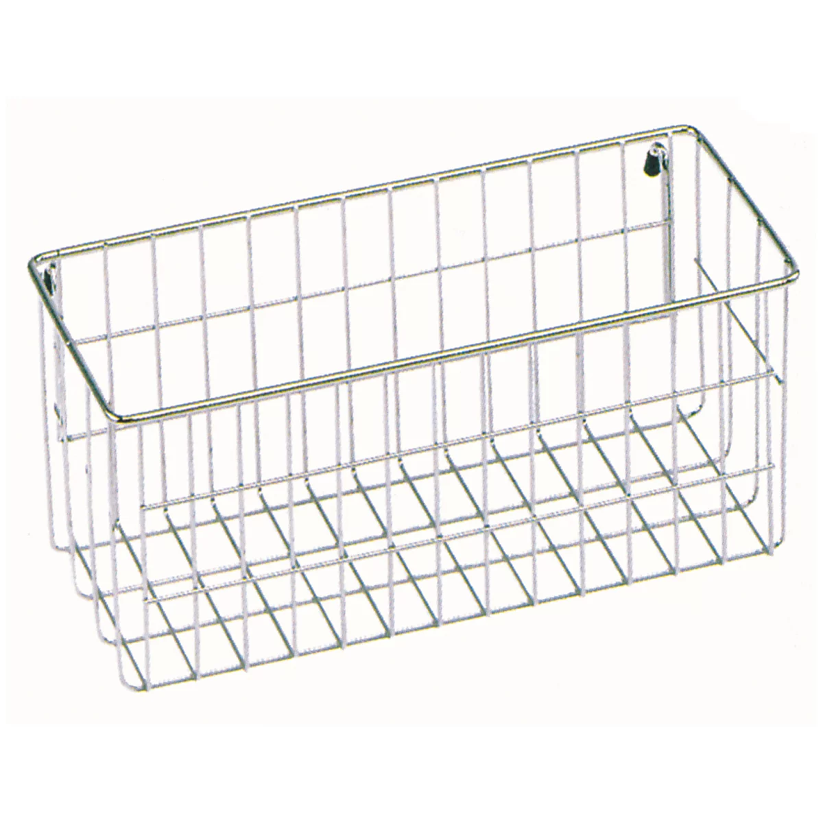 Metal basket for the wall, rectangular, grid structure. Silver-colored, empty.