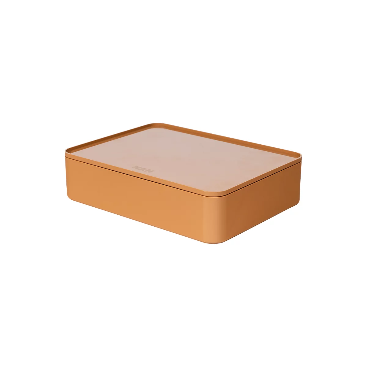 Ochre storage box with lid. The word "HAI" is visible on the surface of the lid.