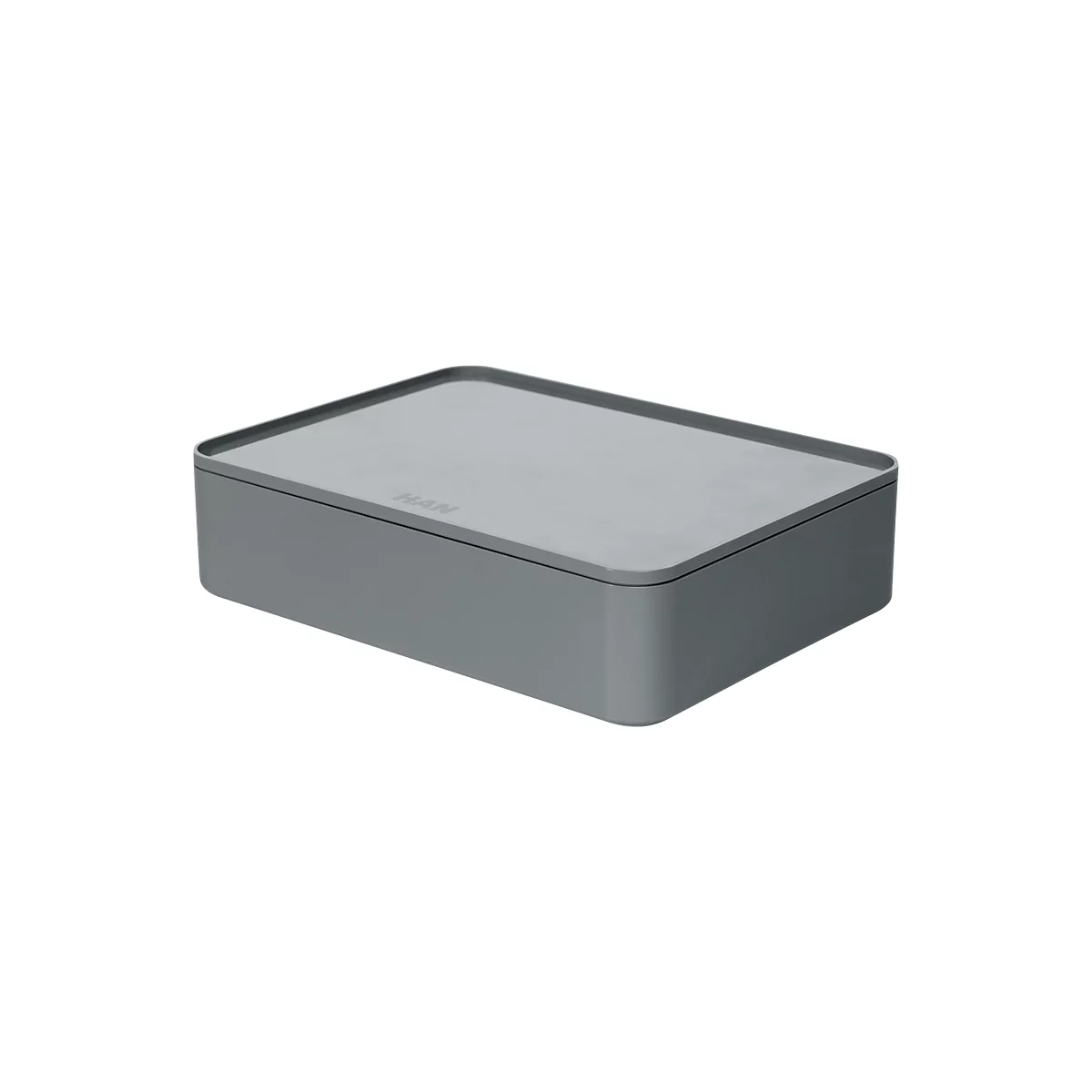Gray storage box with lid, rectangular shape, rounded corners. The inscription 'HAN' can be seen on the lid.