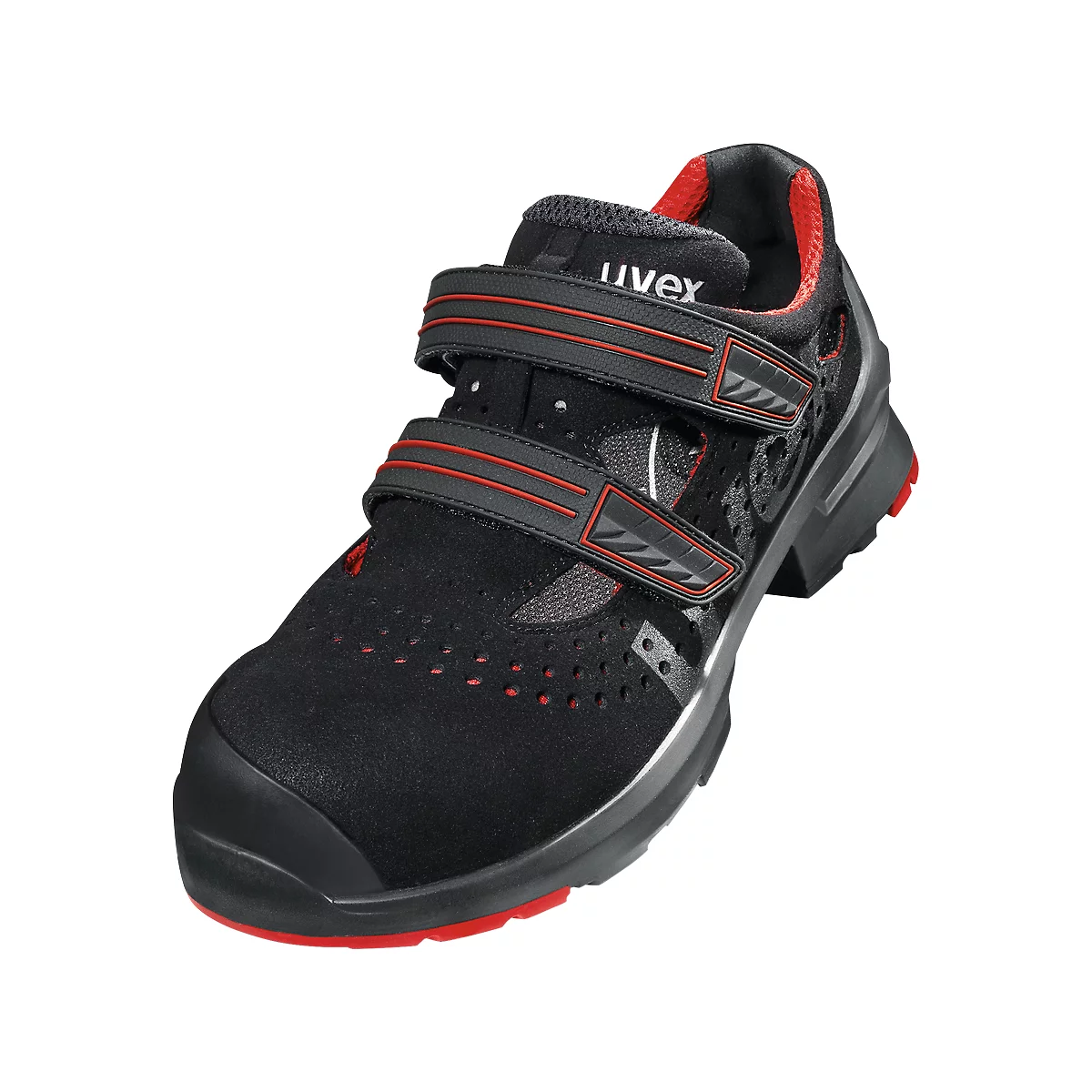 Black safety shoe with red accents, Velcro straps and the inscription "uvex".