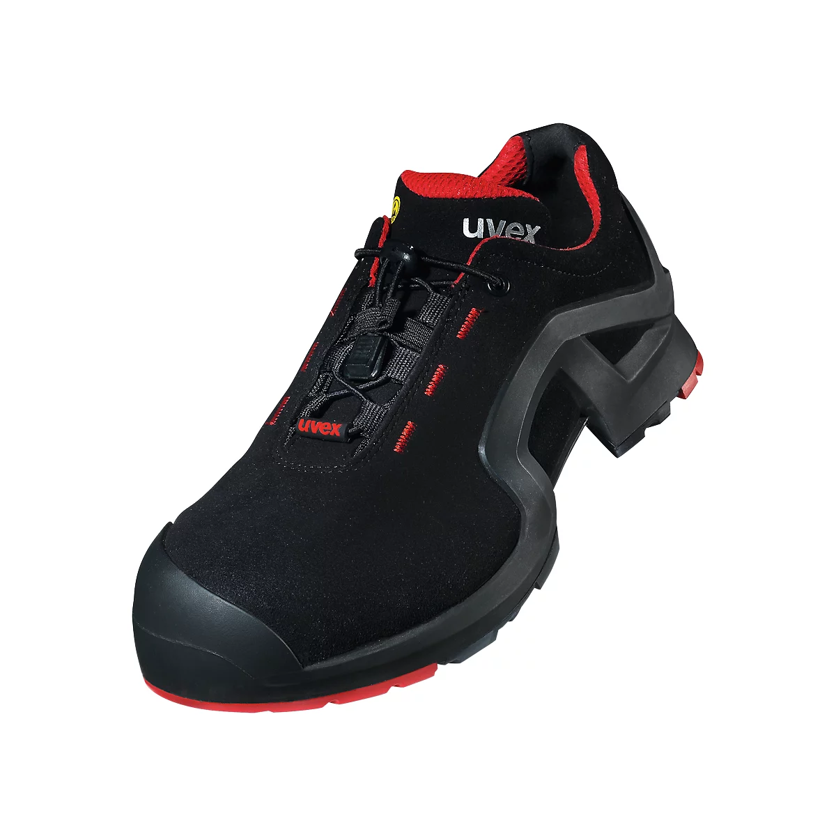 Black safety shoe with red accents and UVEX lettering. Lacing and sole visible.
