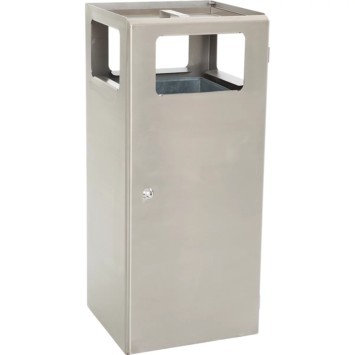 V-Part Corbeille à papier cendrier Pyramide, ouverture 240 x 150 mm, serrure triangulaire, 70 litres, L 385 x P 380 x H 880 mm, inox
