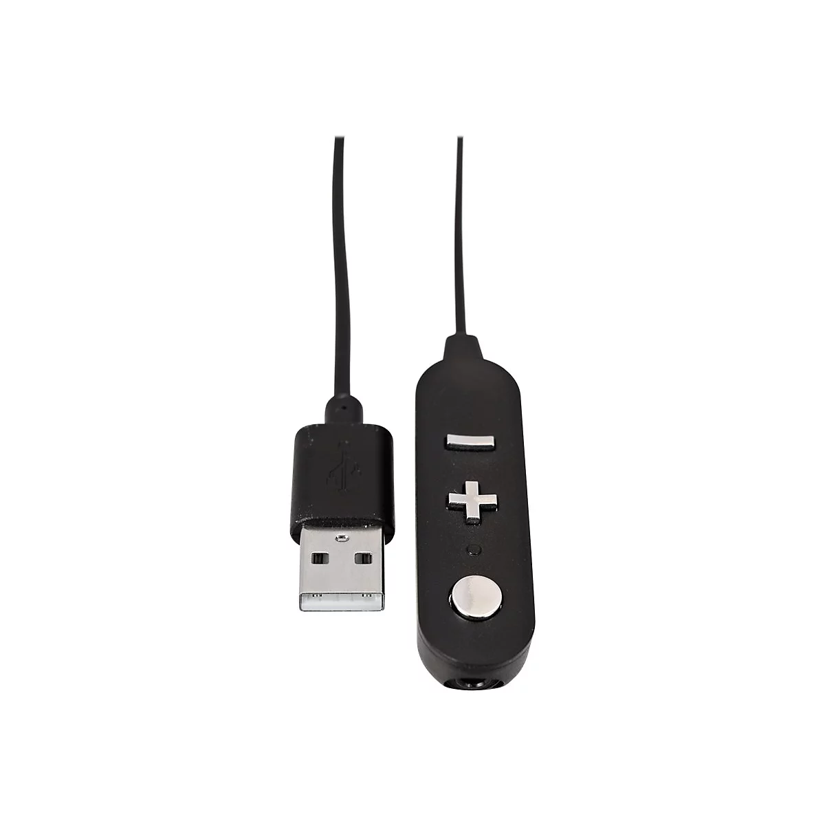 Schwarzes Audiokabel mit USB-Stecker und Lautstärkeregler.
