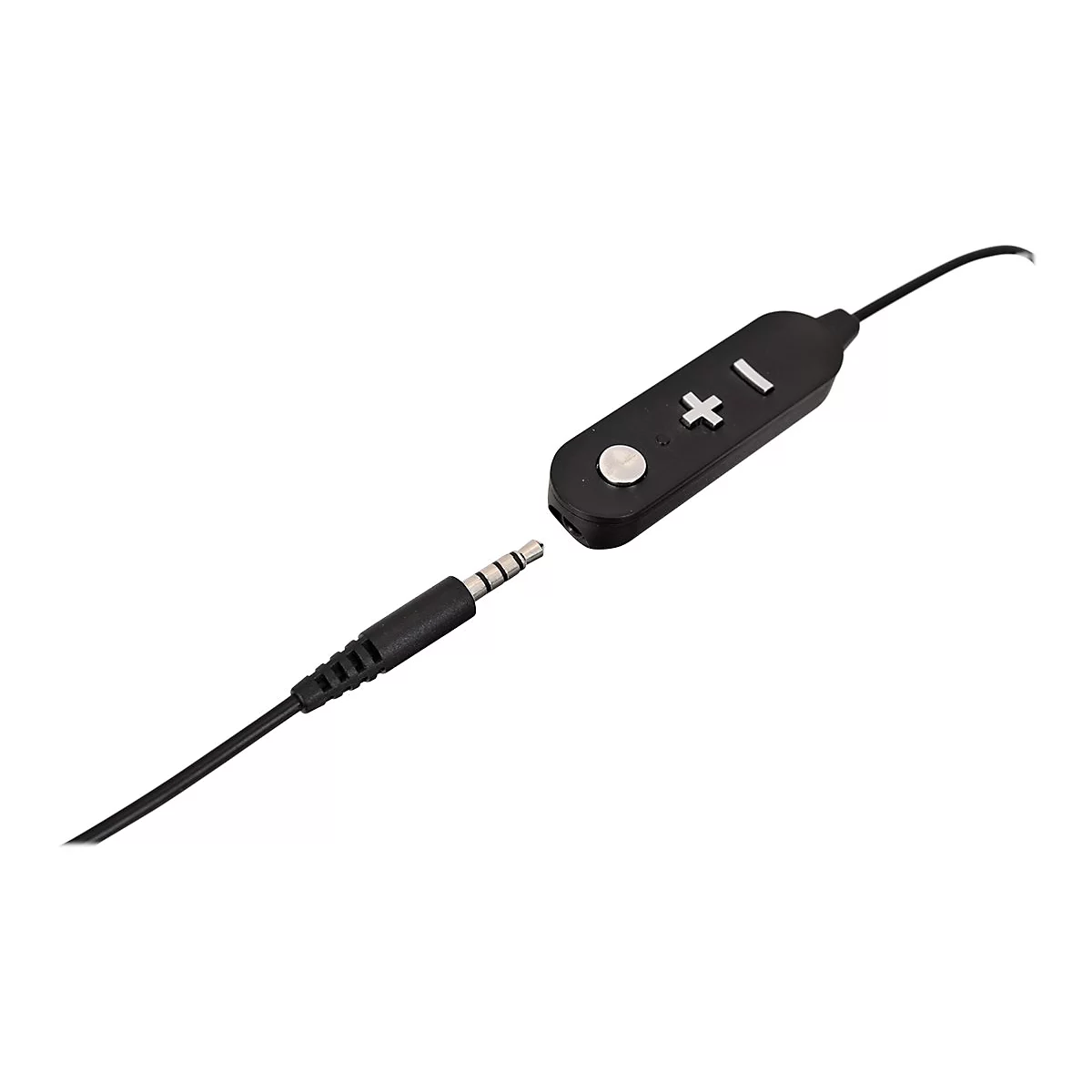 Schwarzer Inline-Kopfhörer-Regler mit Plus- und Minus-Taste und einem 3,5-mm-Klinkenstecker.