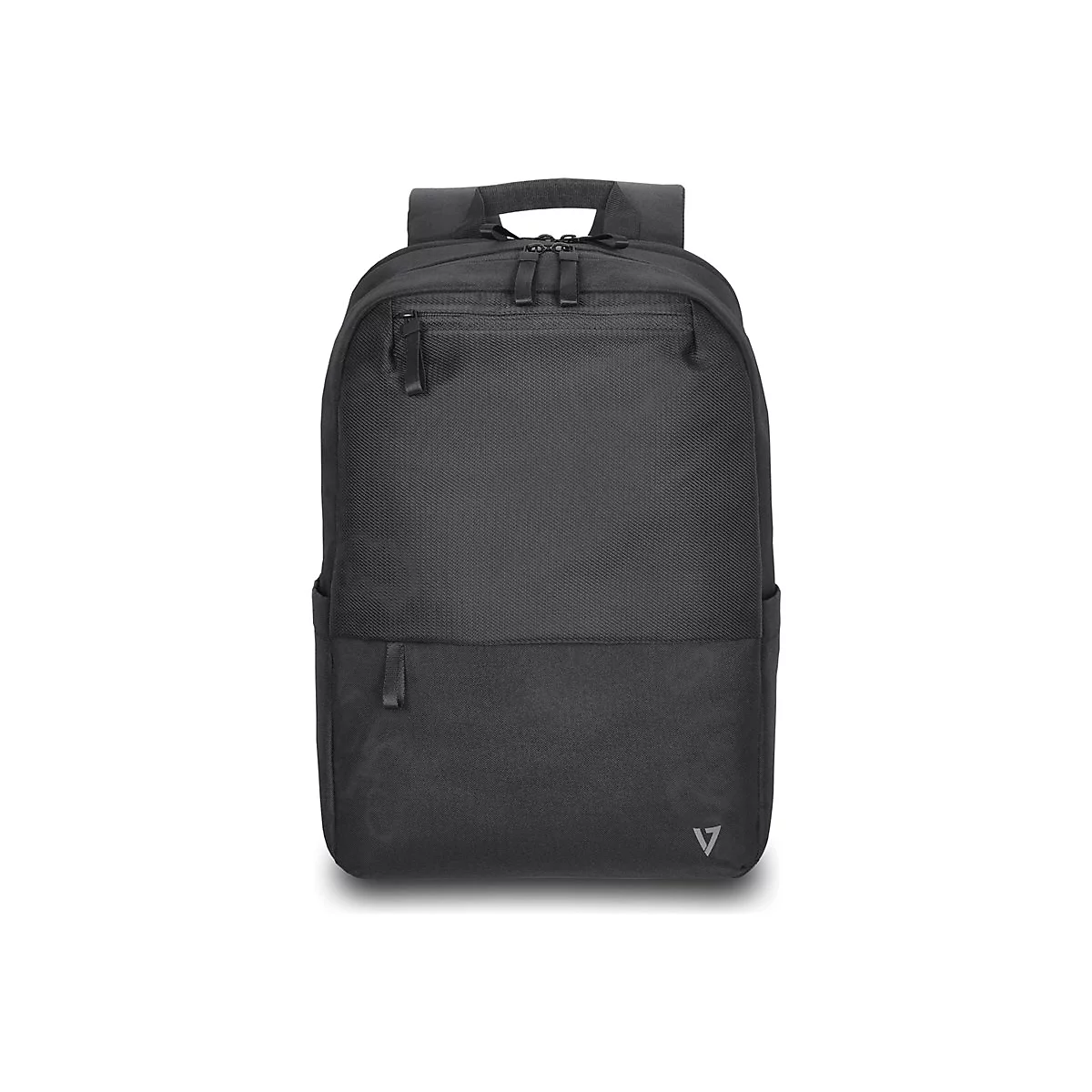 Schwarzer Rucksack mit mehreren FÃ¤chern und ReiÃŸverschlÃ¼ssen, Logo unten rechts.