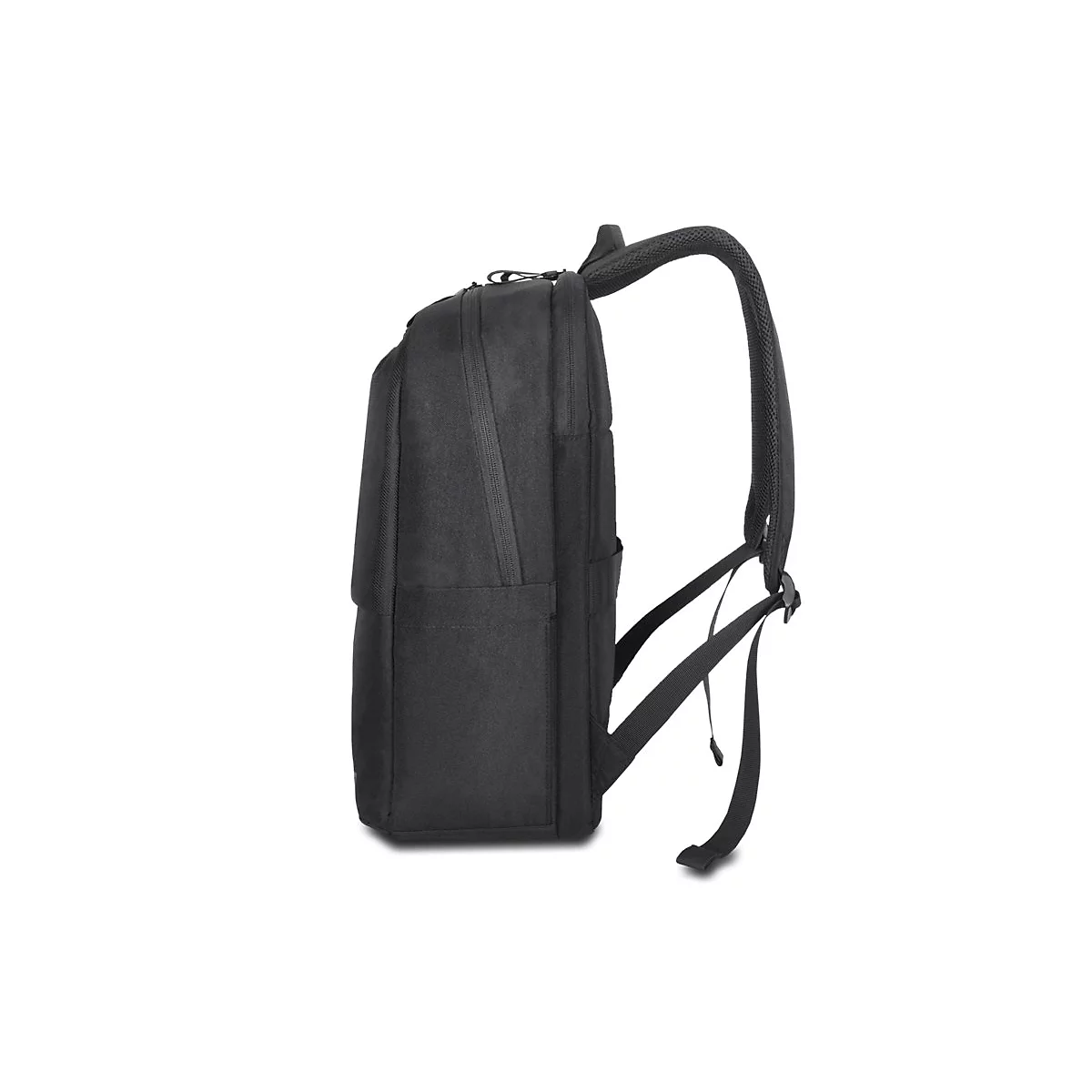 Schwarzer Rucksack, Seitenansicht, mit TrÃ¤gern und ReiÃŸverschluss.