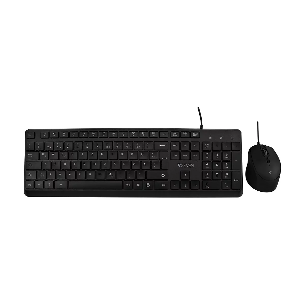 Schwarze Tastatur und Maus mit Kabel. Die Tastatur hat einen rechteckigen Rahmen und viele Tasten. Die Maus ist rund.