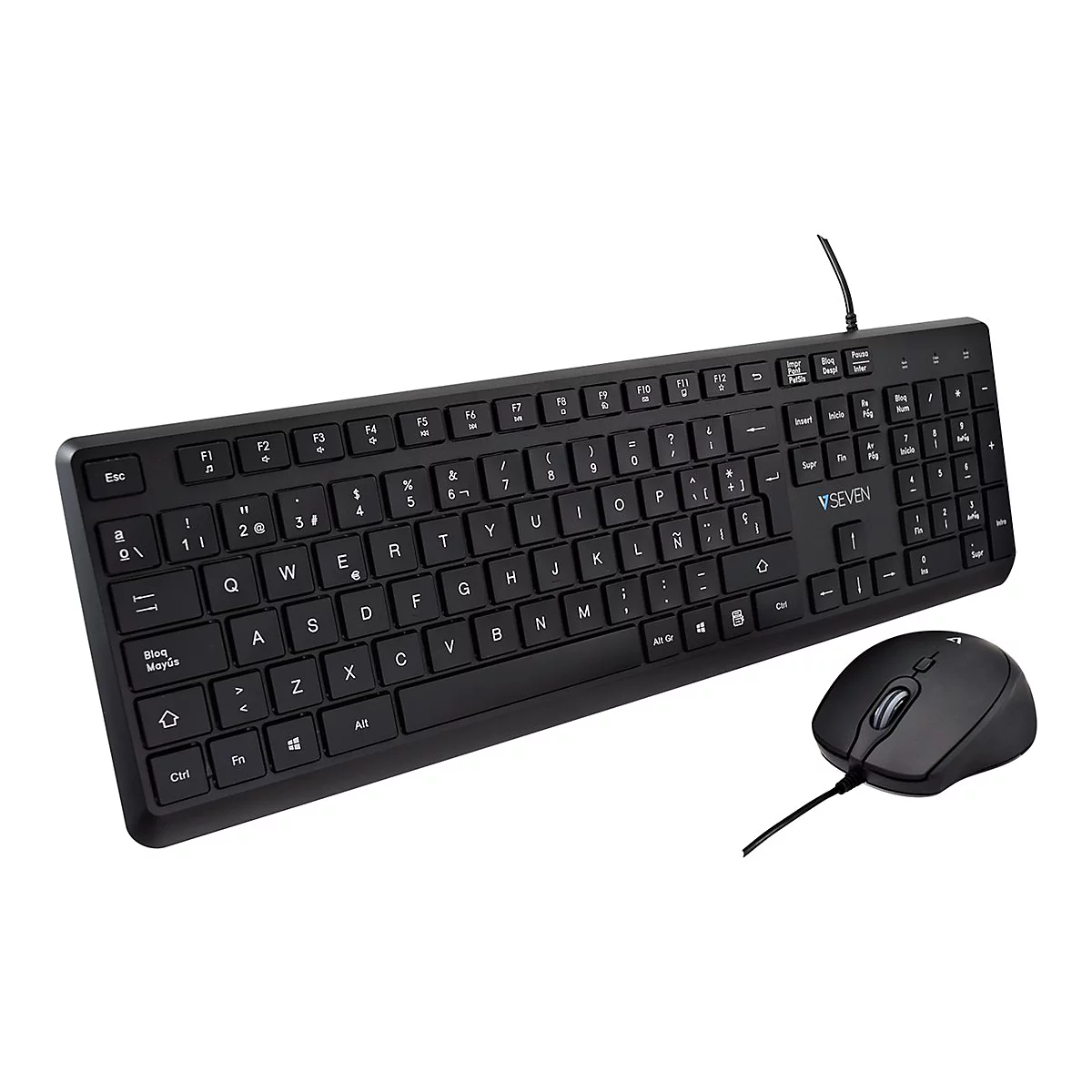 Schwarze Tastatur mit Maus. Auf der Tastatur sind die Buchstaben, Zahlen und Sonderzeichen deutlich zu erkennen. Auf der Maus sind Tasten und ein Scrollrad.