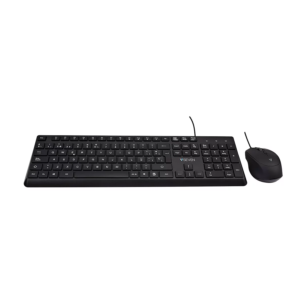 Schwarze Tastatur und Maus auf weiÃŸem Hintergrund. Die Tastatur hat viele Tasten und ist kabelgebunden. Die Maus ist ebenfalls schwarz.