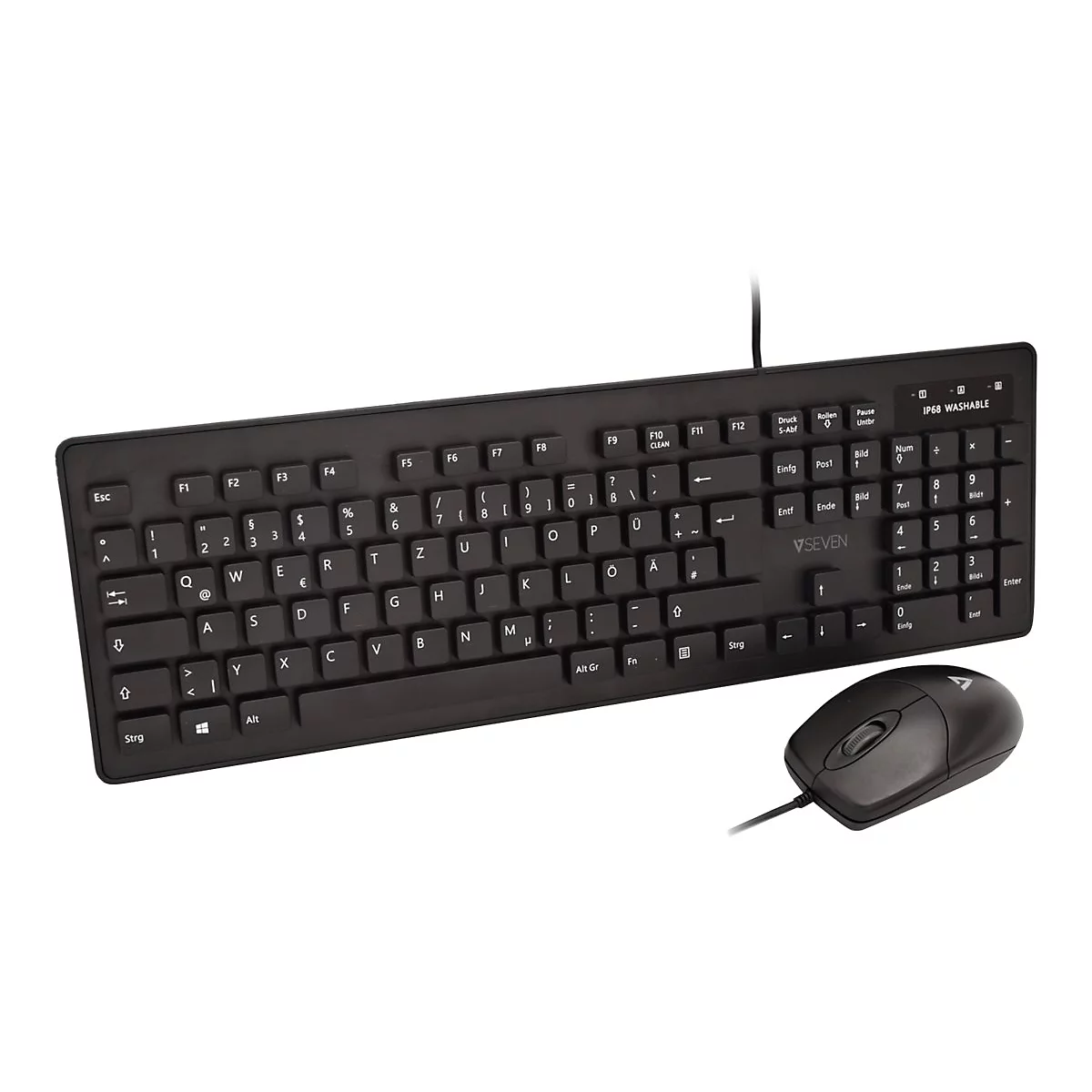 Schwarze Tastatur mit Maus, Tastenbeschriftung, 'V7' Logo.
