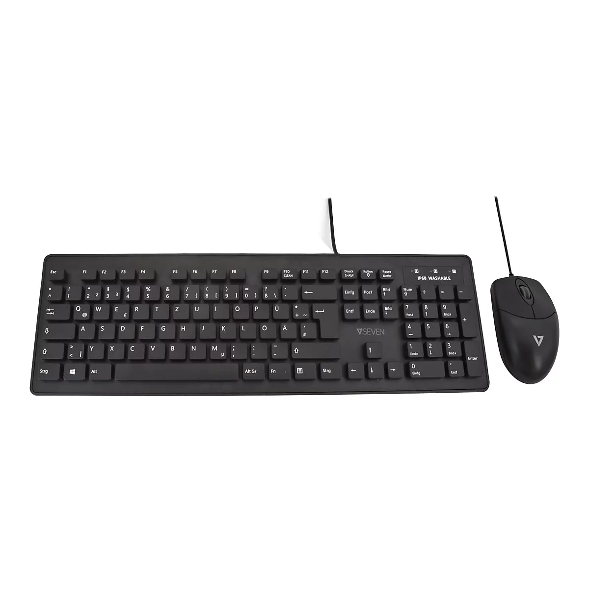Schwarze Tastatur und Maus. Auf der Tastatur sind Buchstaben, Zahlen und Sonderzeichen zu sehen. Das V7 Logo ist erkennbar.