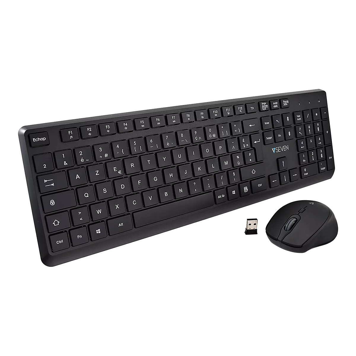 Schwarzes kabelloses Tastatur- und Maus-Set. Die Tastatur hat weiÃŸe Buchstaben, die Maus ist ergonomisch geformt.