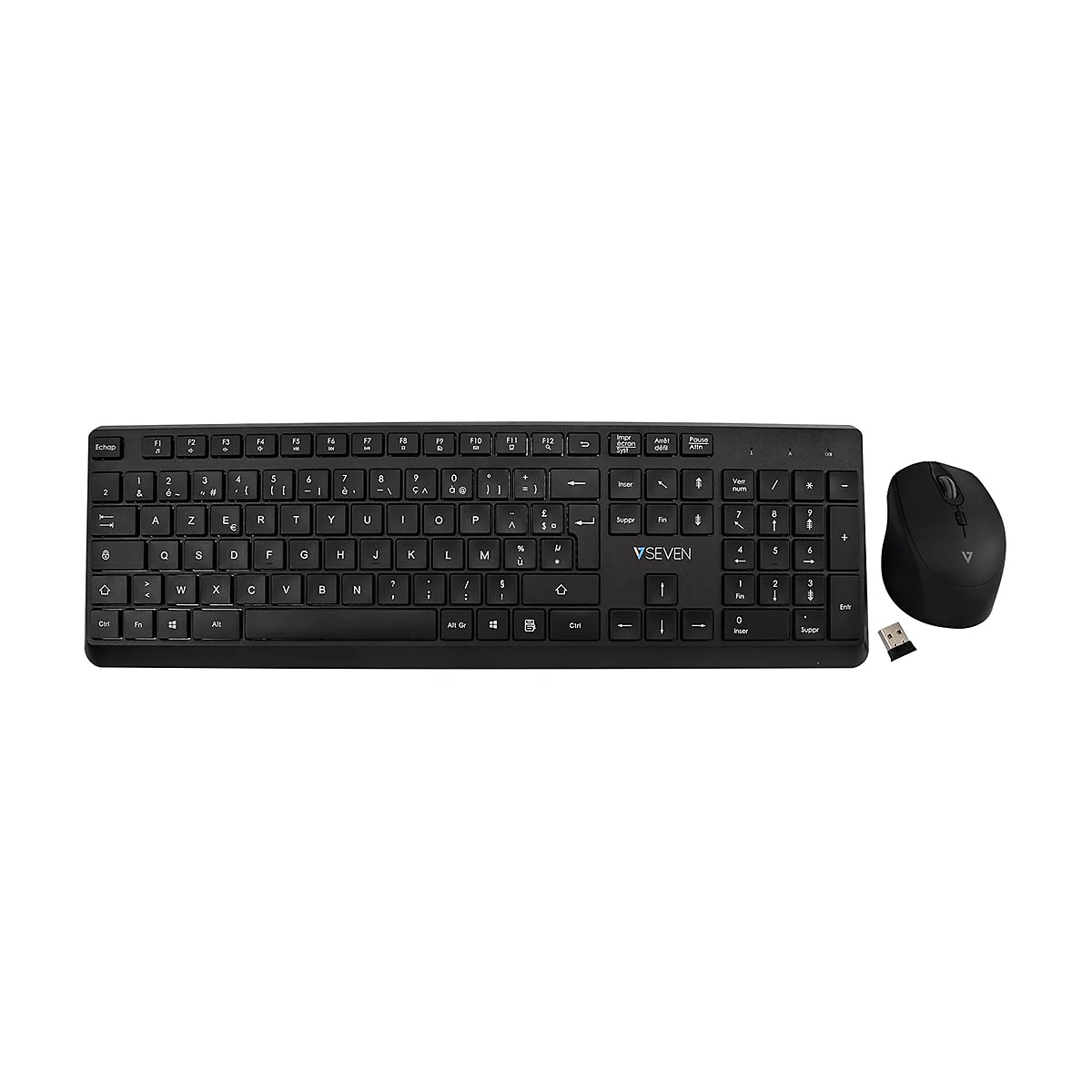 Schwarzes PC-Set: Tastatur, Maus und USB-EmpfÃ¤nger vor hellem Hintergrund.