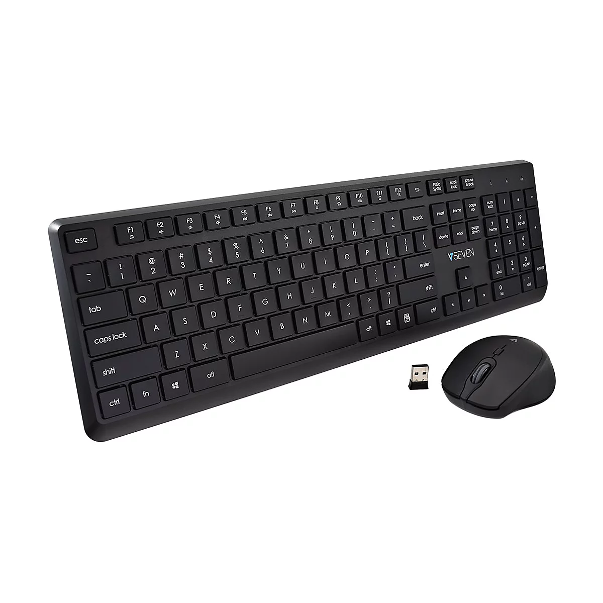 Schwarze Tastatur mit dazugehÃ¶riger Maus und USB-Dongle auf weiÃŸem Hintergrund. Der Schriftzug SEVEN ist auf der Tastatur zu sehen.