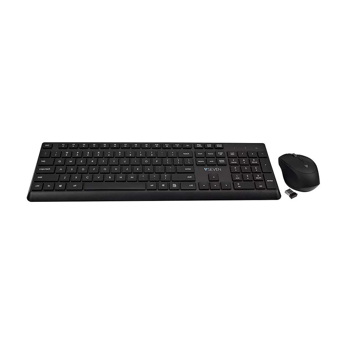 Schwarzes Tastatur-Maus-Set, auf weiÃŸem Grund. Die Tastatur hat ein flaches Design. Die Maus ist ergonomisch geformt und kabellos.