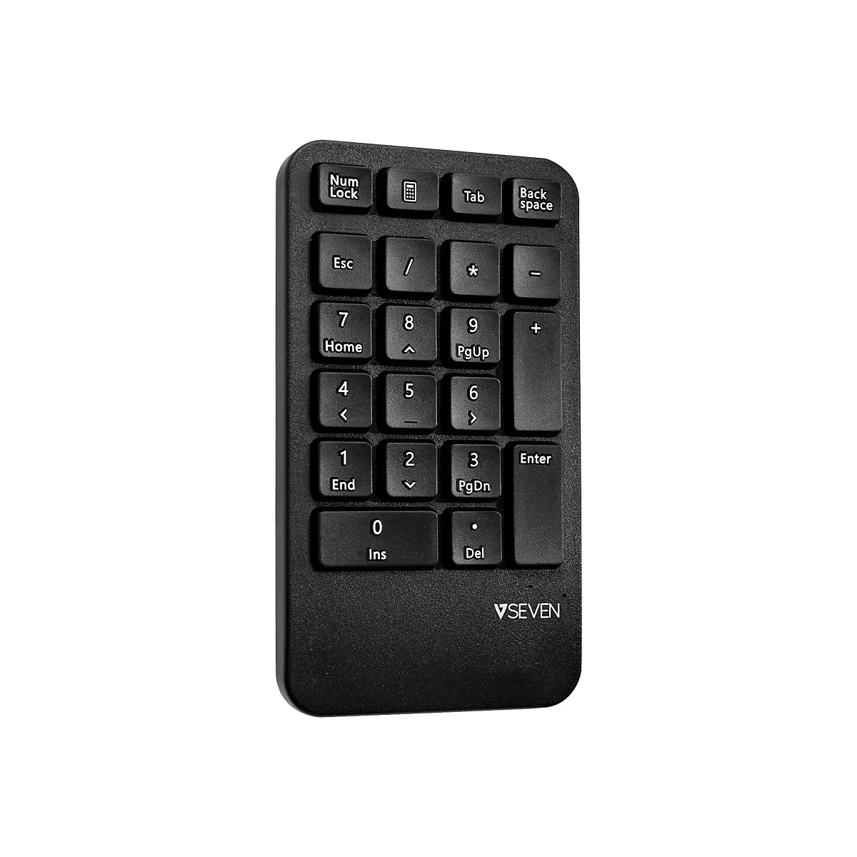 Schwarzer Ziffernblock mit Tasten wie Num Lock, Enter und Pfeiltasten. Die Marke ist VSEVEN.