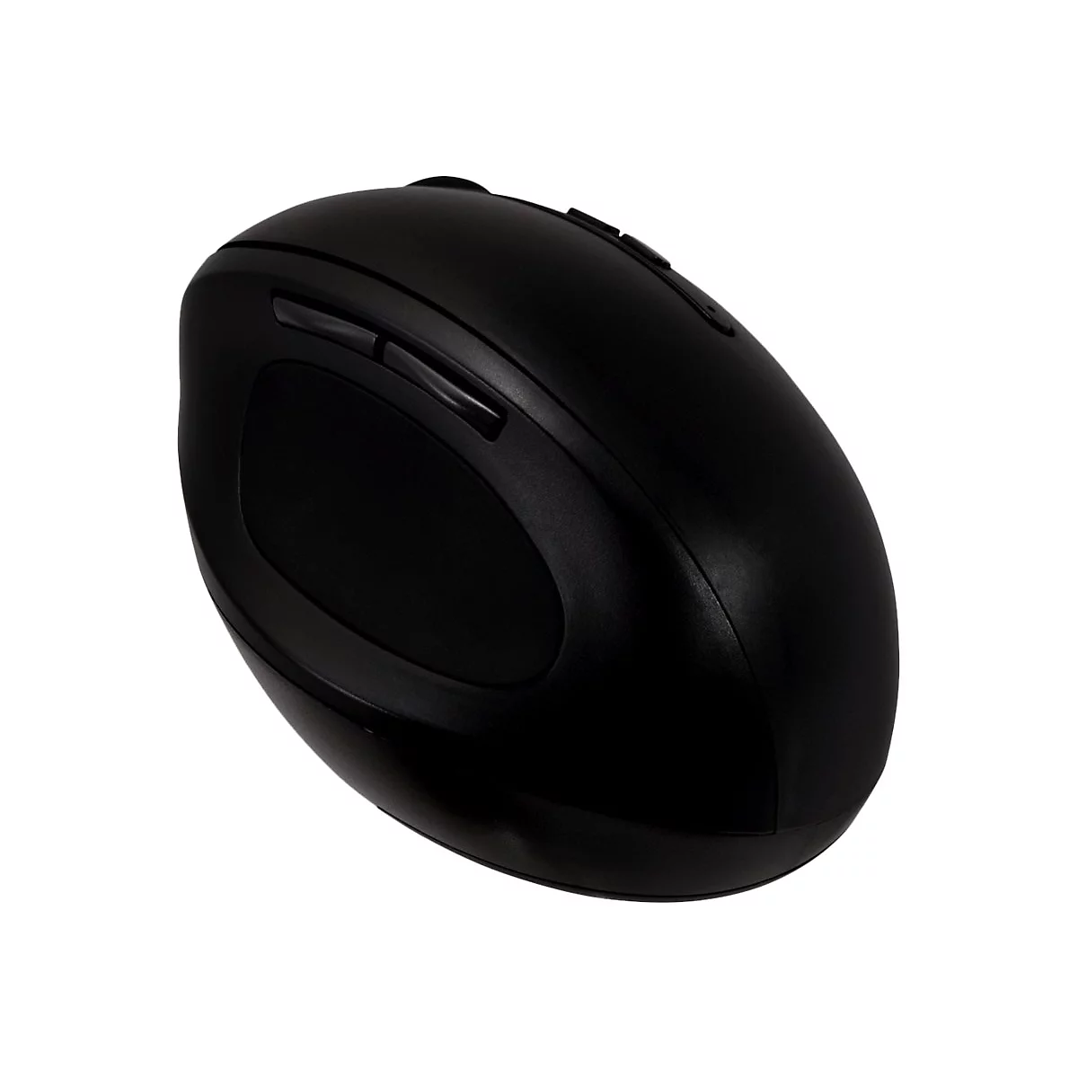 Schwarze ergonomische Computermaus, Ansicht von oben, auf weißem Hintergrund.