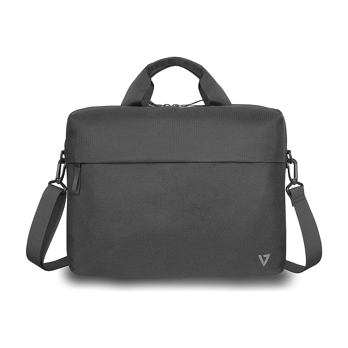 Dunkelgraue Laptoptasche mit Tragegriff und Schulterriemen. Logo-Dreieck unten rechts.