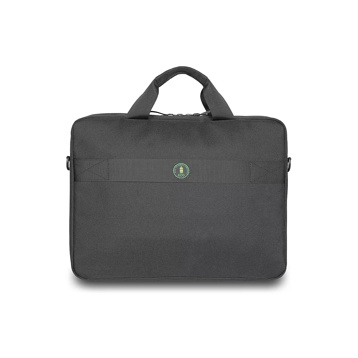 Schwarze Laptoptasche mit Tragegriffen und Band, mit 'ECO'-Logo.