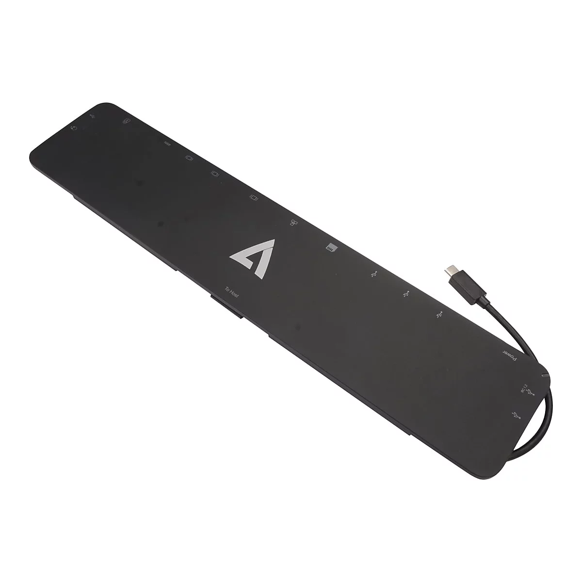 Schwarzer, lÃ¤nglicher USB-C-Hub mit weiÃŸem Logo. Ein Kabel ist angeschlossen.