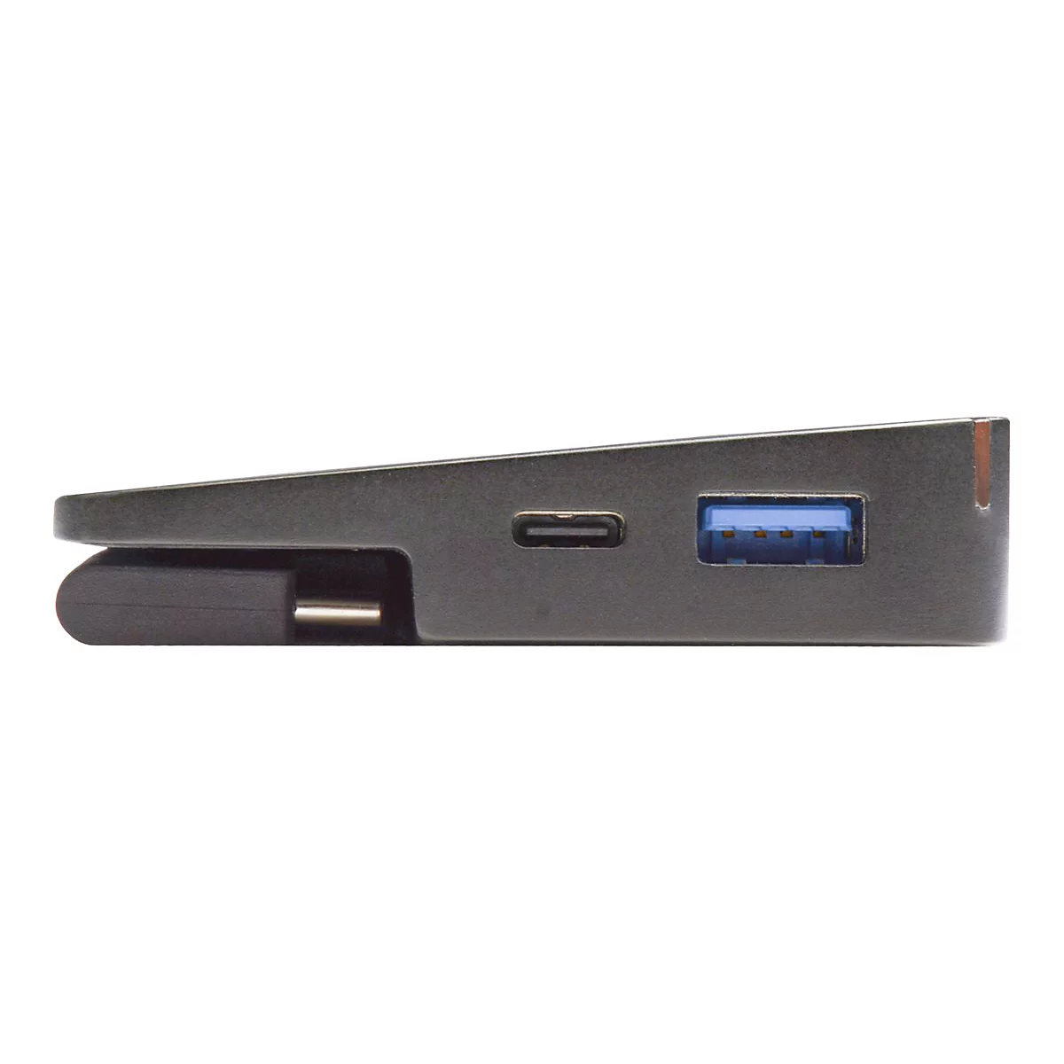 Graue USB-Hub-Seitenansicht mit USB-C, USB 3.0-Anschluss und USB-A-Stecker.