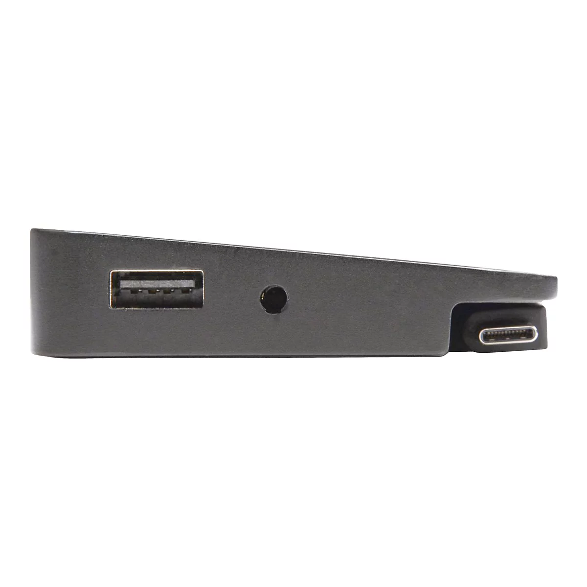 Ein schwarzer USB-C-Adapter mit USB- und USB-C-AnschlÃ¼ssen, im Profil vor weiÃŸem Hintergrund.