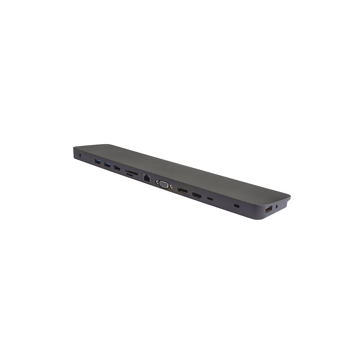 Grauer USB-C-Dockingstation mit verschiedenen AnschlÃ¼ssen wie HDMI, USB, SD-Kartenleser und Ethernet.