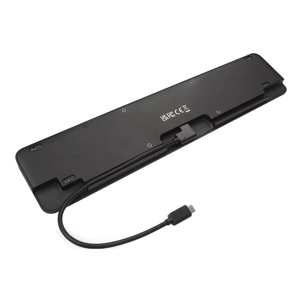 Schwarze Tastatur von unten mit Kabelanschluss und USB-C-Stecker.