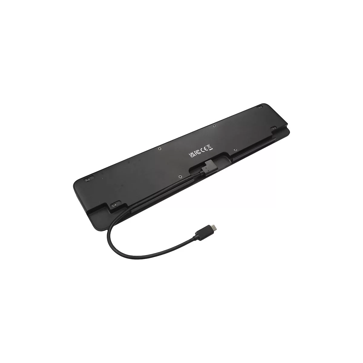 Schwarze Tastatur von unten mit USB-C-Kabel. FCC-Zertifizierung auf der RÃ¼ckseite.