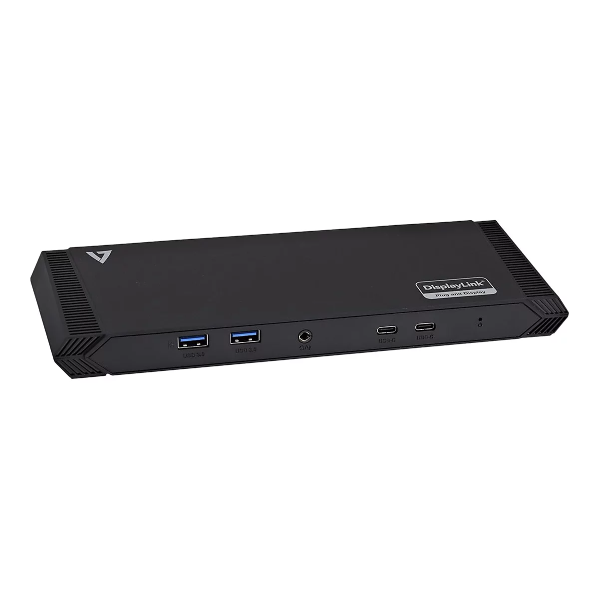 Schwarze Dockingstation mit AnschlÃ¼ssen. Aufschrift: DisplayLink.