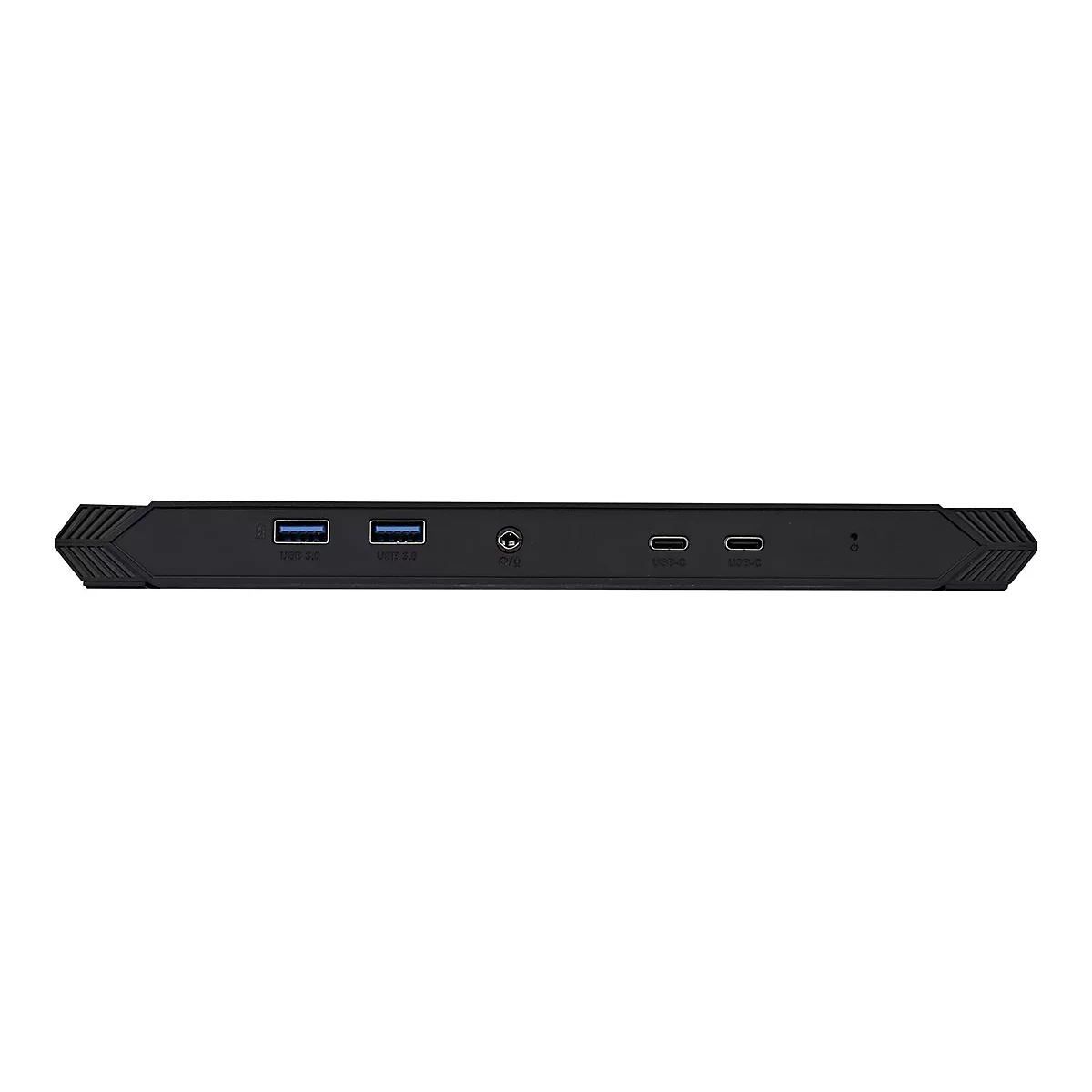 Schwarzer Dockingstation-Anschlussbereich, USB-Ports, Audioanschluss, Typ-C-Ports.