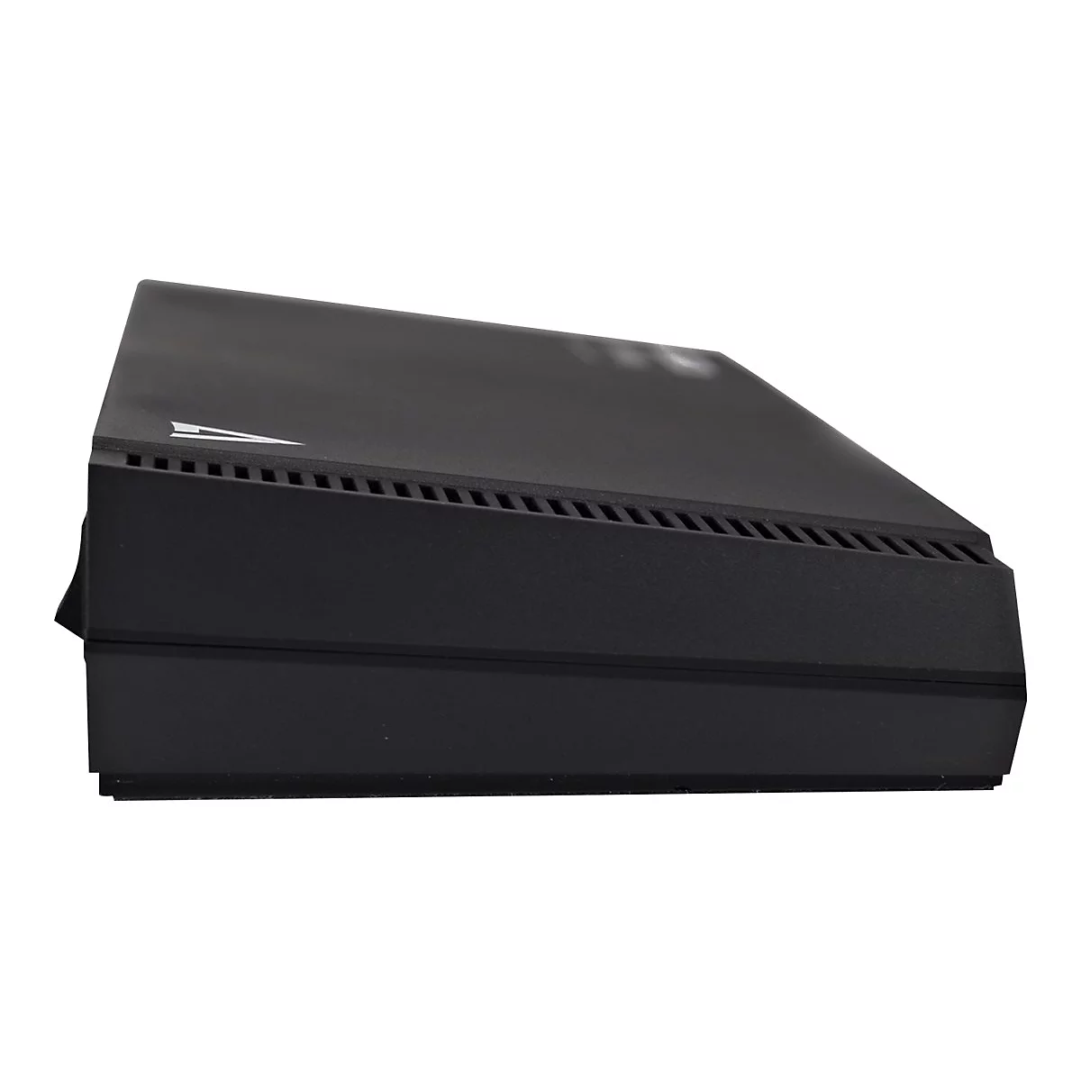 Schwarzes, rechteckiges GerÃ¤t, vermutlich ein Router, mit LÃ¼ftungsschlitzen, einer Ein-/Aus-Taste und einem weiÃŸen Pfeil auf der Oberseite.
