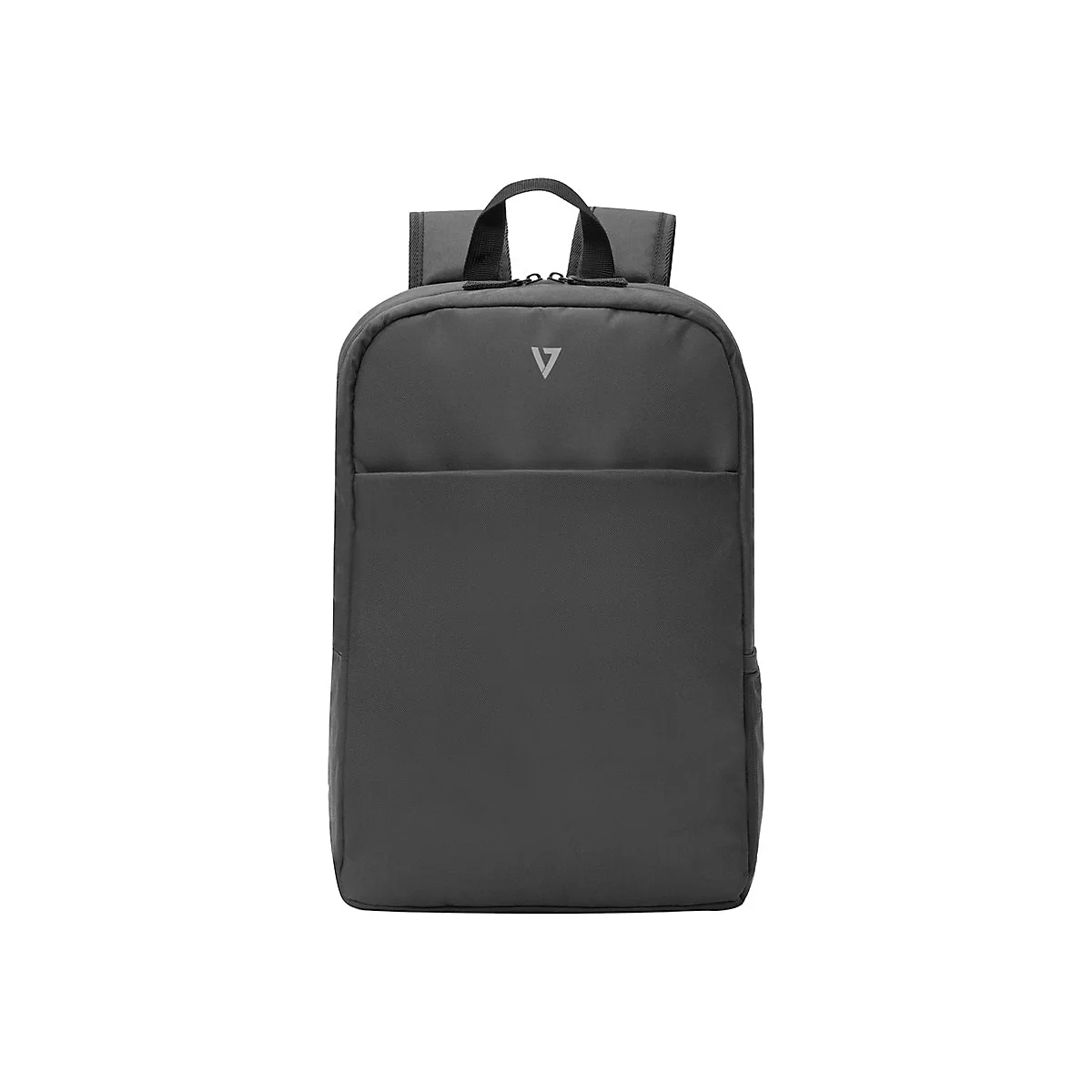 Dunkelgrauer Rucksack mit Henkel. Vorne eine kleine Tasche, oben ein Logo.