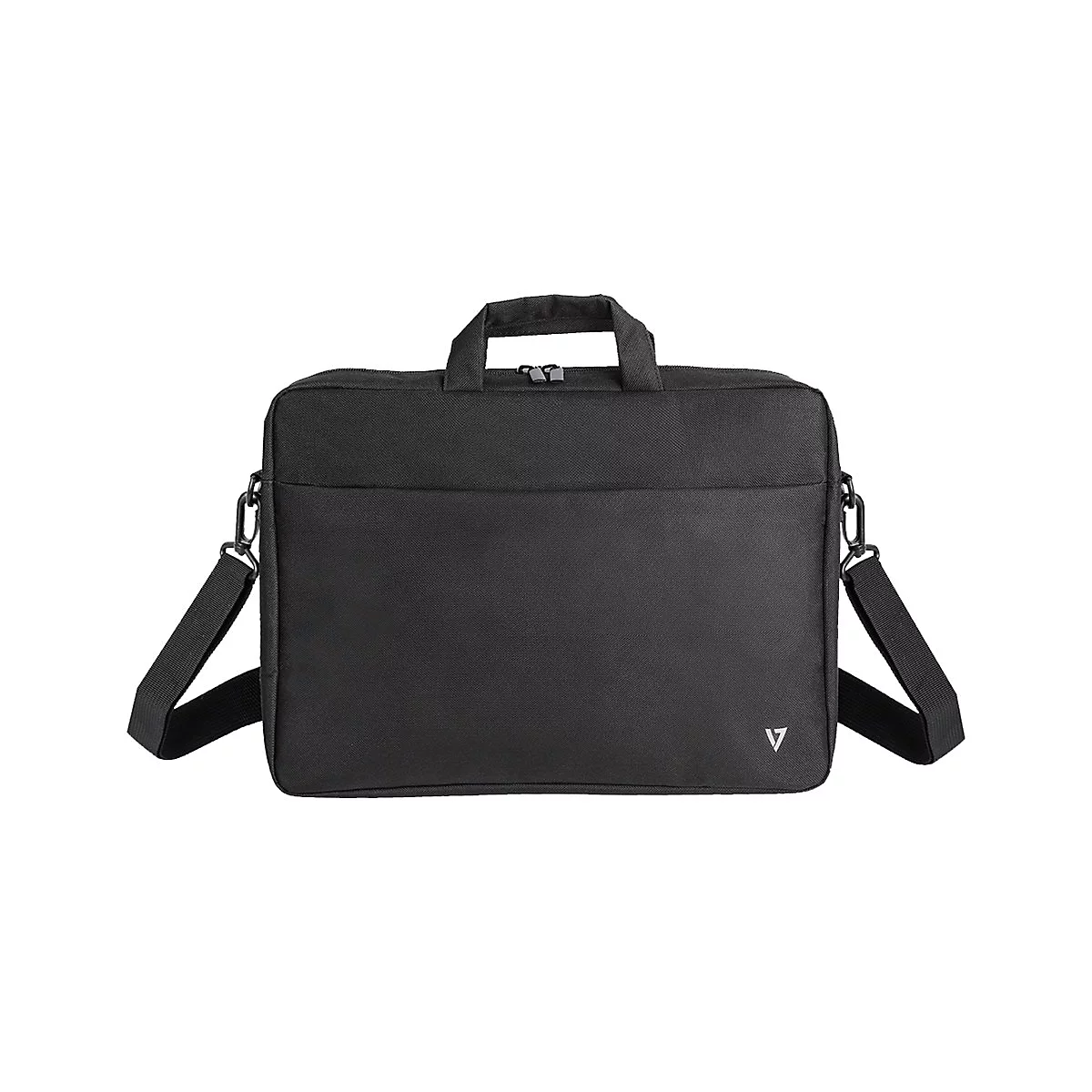Schwarze Laptoptasche mit Tragegriff, Schulterriemen und Logo in Form eines Pfeils.