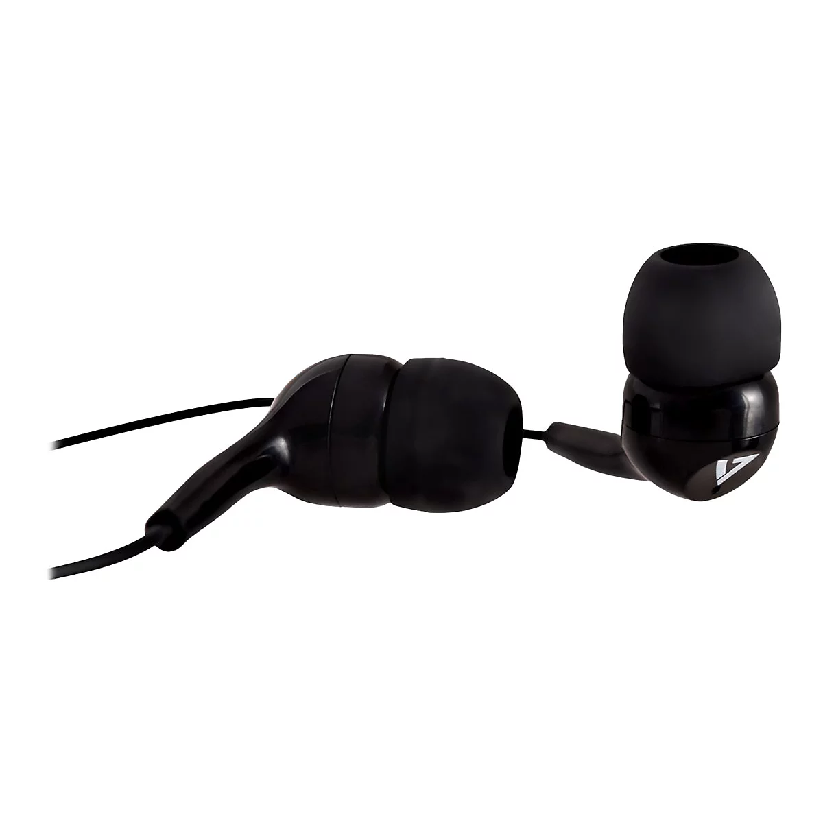 Schwarzer In-Ear-Kopfhörer vor weißem Hintergrund. Der Kopfhörer hat ein kleines Logo.