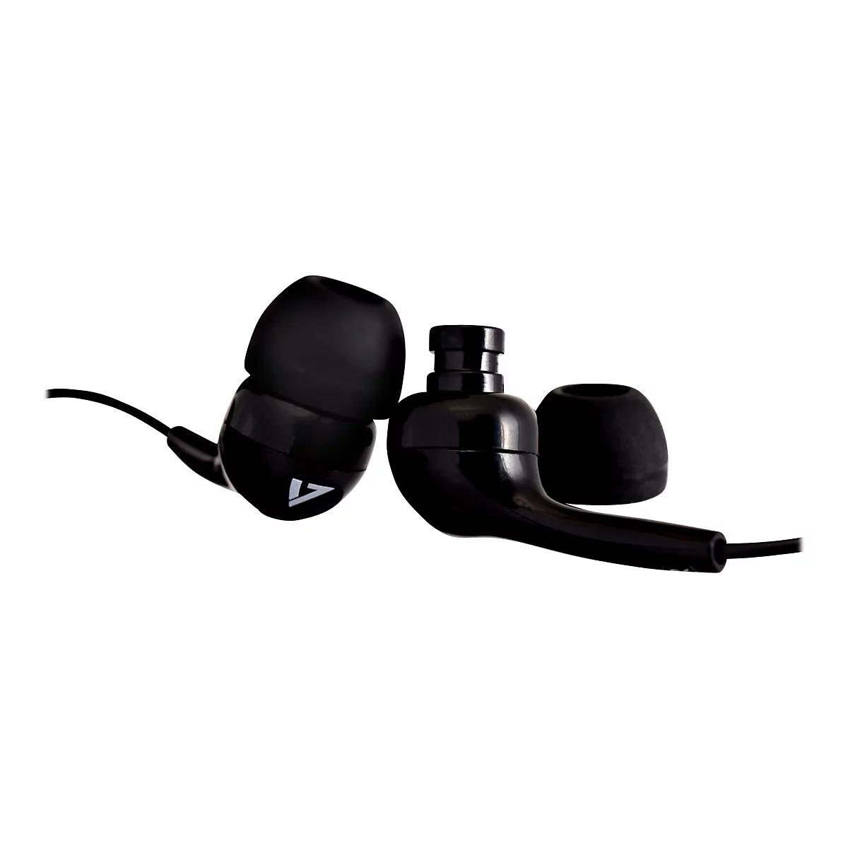 Schwarze In-Ear-Kopfhörer mit abnehmbaren Ohrstöpseln. Der linke Kopfhörer zeigt ein weißes Dreieck auf der Außenseite.