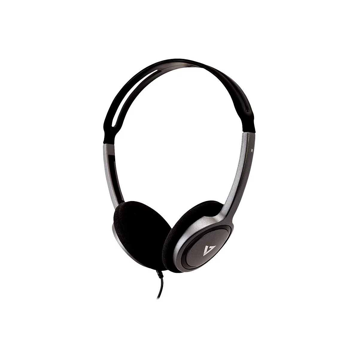 Graue Kopfhörer mit schwarzem Ohrpolster, Kabelanschluss und Markenlogo auf weißem Hintergrund.