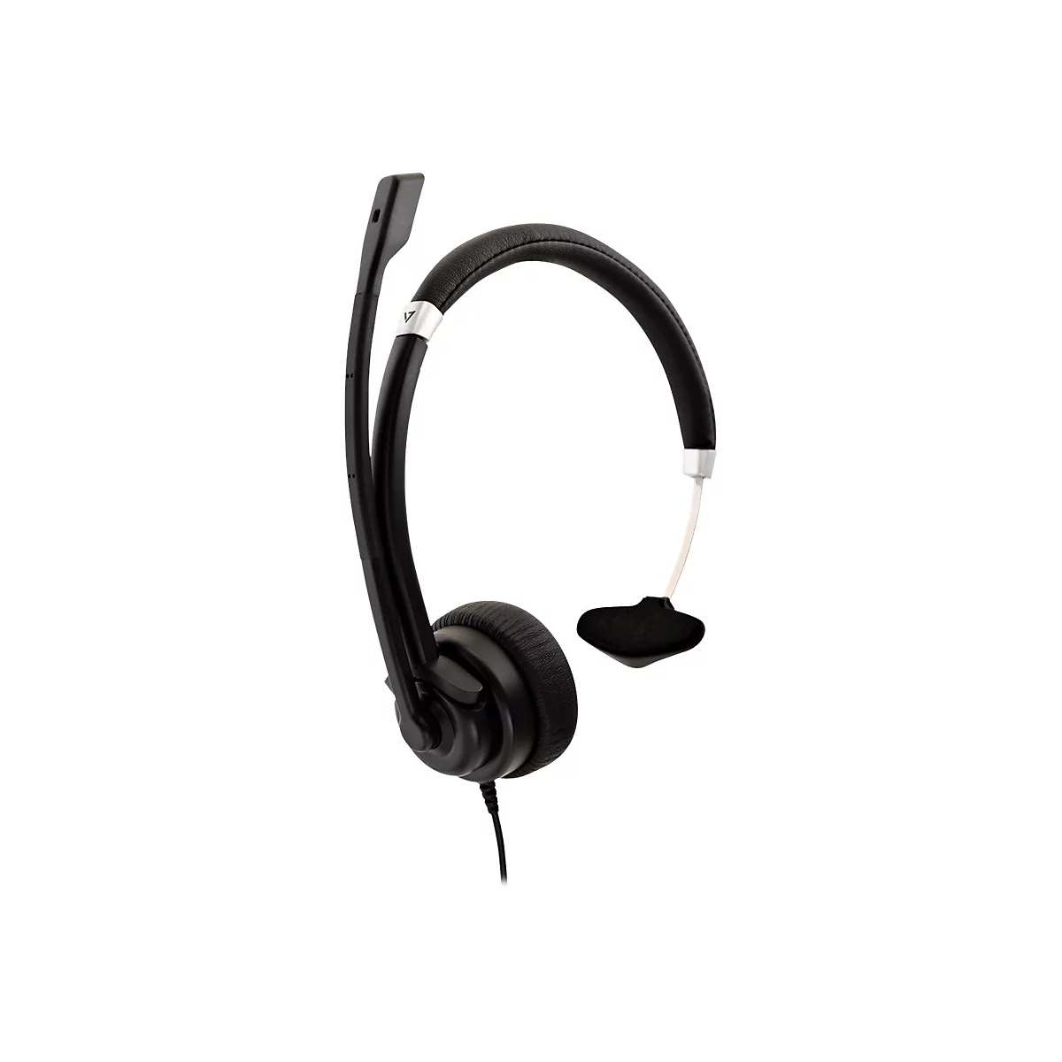 Schwarzes Headset mit Mikrofon, auf weiÃŸem Hintergrund. OhrhÃ¶rer, Mikrofonarm und BÃ¼gel sichtbar.