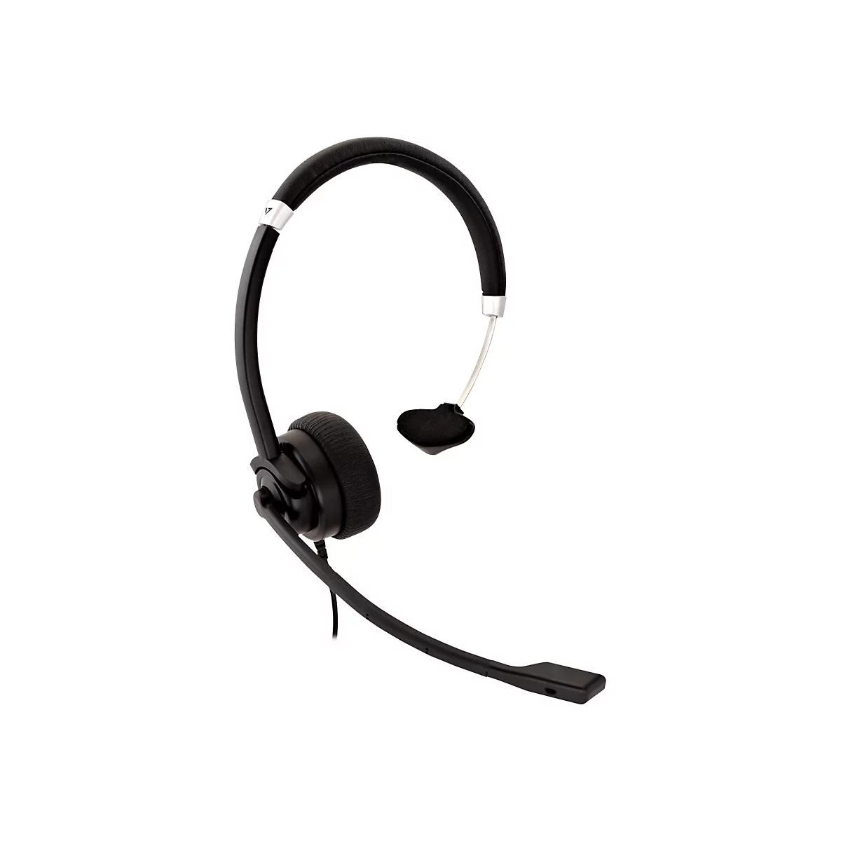 Schwarzes Headset mit BÃ¼gel, Mikrofon und Ohrpolster. Hintergrund weiÃŸ.
