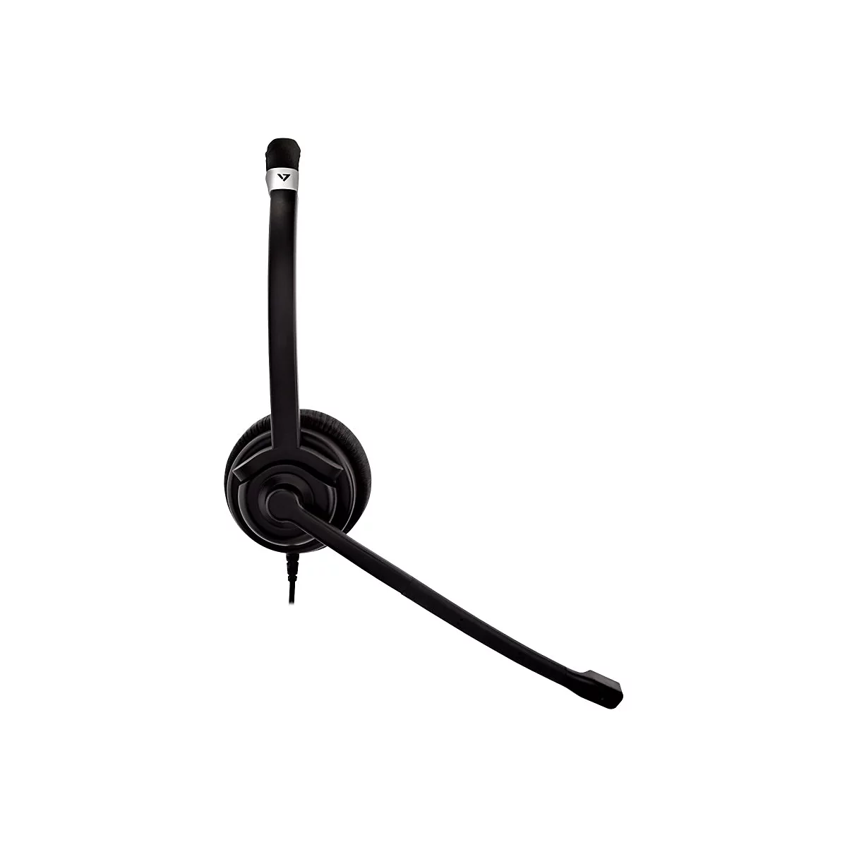 Schwarzes Headset mit Mikrofon, auf weiÃŸem Hintergrund. Das Mikrofon ist an einem flexiblen Arm befestigt.