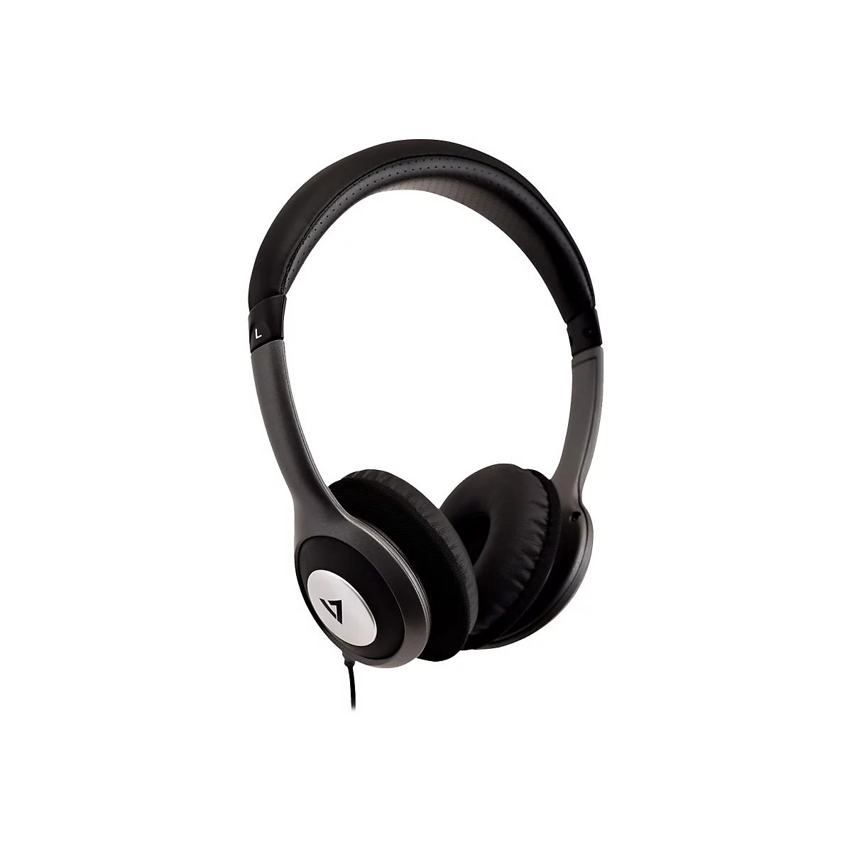 Casque noir sur fond blanc. Des supports gris relient les Ã©couteurs au serre-tÃªte.