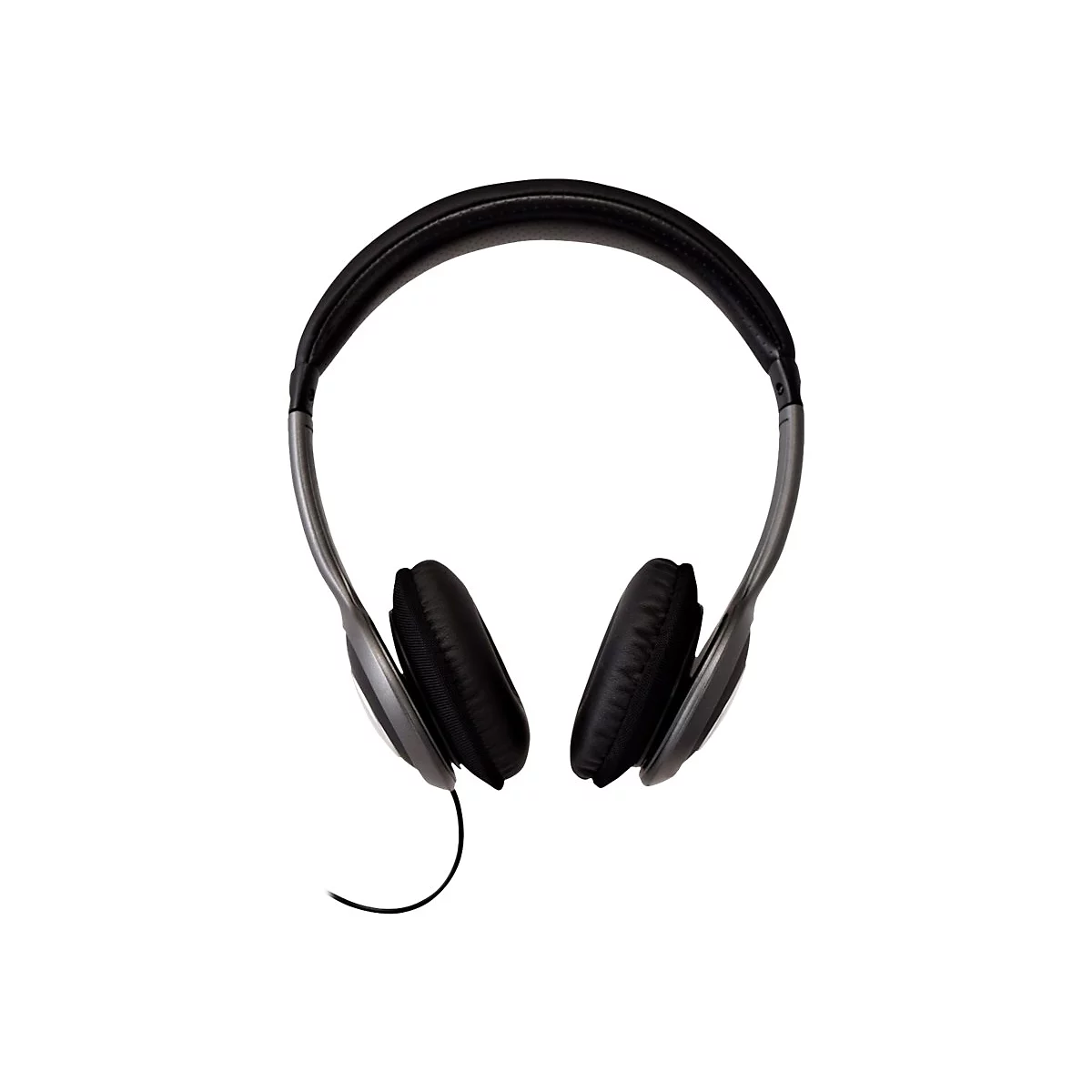 Casque sans fil avec un bandeau noir, des bras argentÃ©s et des oreillettes noires. Un cÃ¢ble pend.
