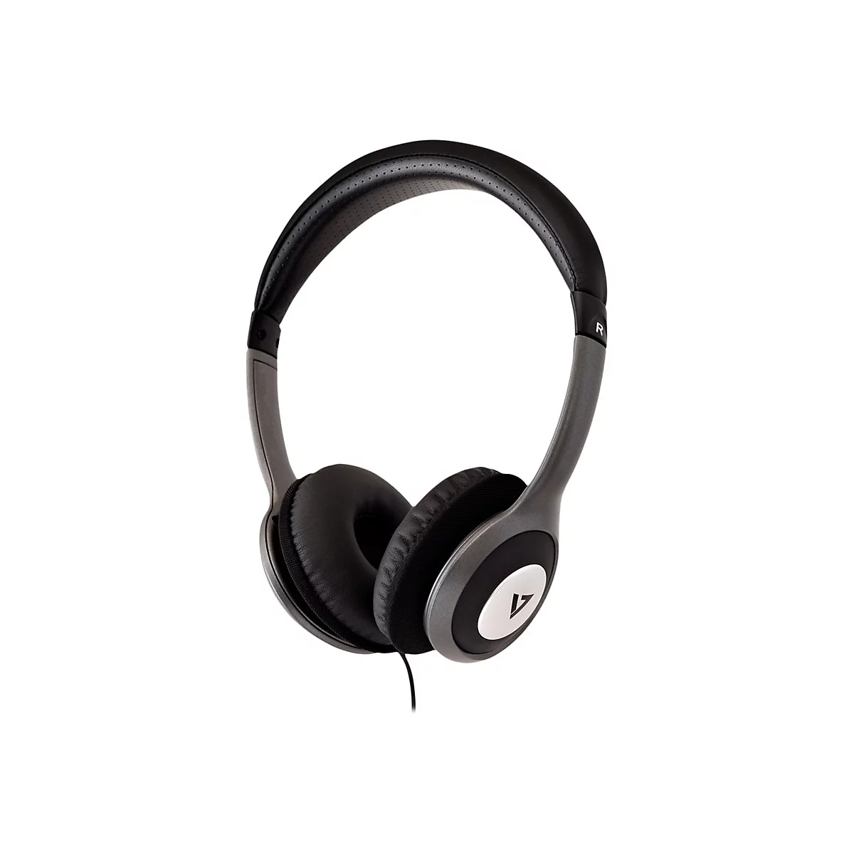 Casque noir avec serre-tÃªte et oreillettes grises sur fond blanc.